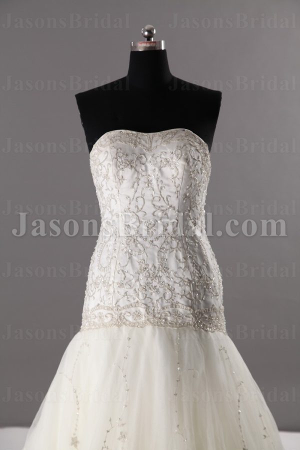 Glamorous Trumpet Sweetheart Allover Beaded Embroidered Corset Sweep Train Tulle Wedding Dresses