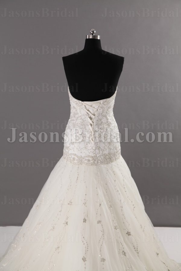 Glamorous Trumpet Sweetheart Allover Beaded Embroidered Corset Sweep Train Tulle Wedding Dresses