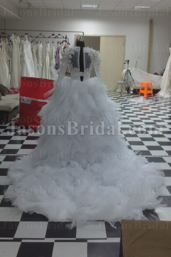 Ball Gown Sweetheart Beaded Appliqued Ruched Belt Chapel Train Ruffled Tulle Wedding Dresses with Long Sheer Sleeve Bolero