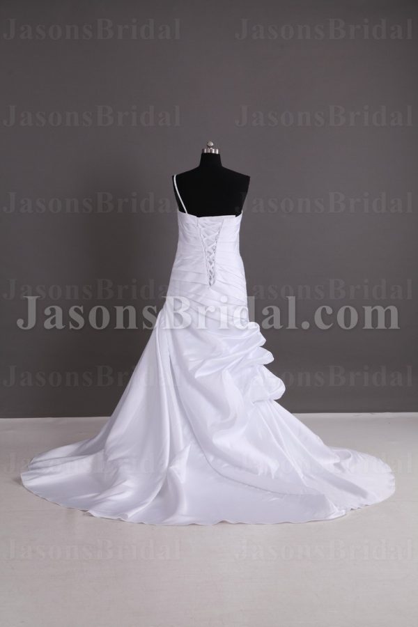 Fit-and-Flare Floral Spaghetti One-shoulder Ruched Asymmetrical Pleated Side Bustled Sweep Train Satin Wedding Dresses
