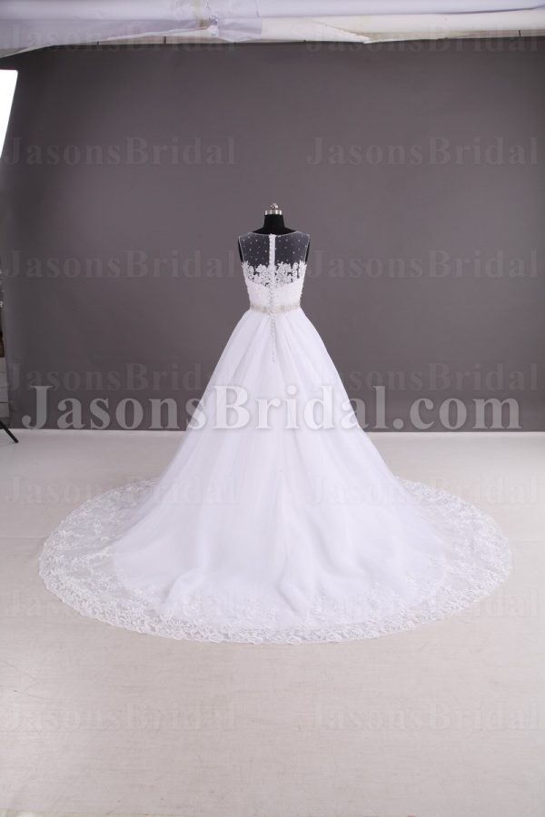 Ball Gown Sleeveless Sheer Bateau Neckline Allover Lace Bodice Jeweled Waist Chapel Train Lace Tulle Wedding Dresses