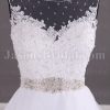 Ball Gown Sleeveless Sheer Bateau Neckline Allover Lace Bodice Jeweled Waist Chapel Train Lace Tulle Wedding Dresses