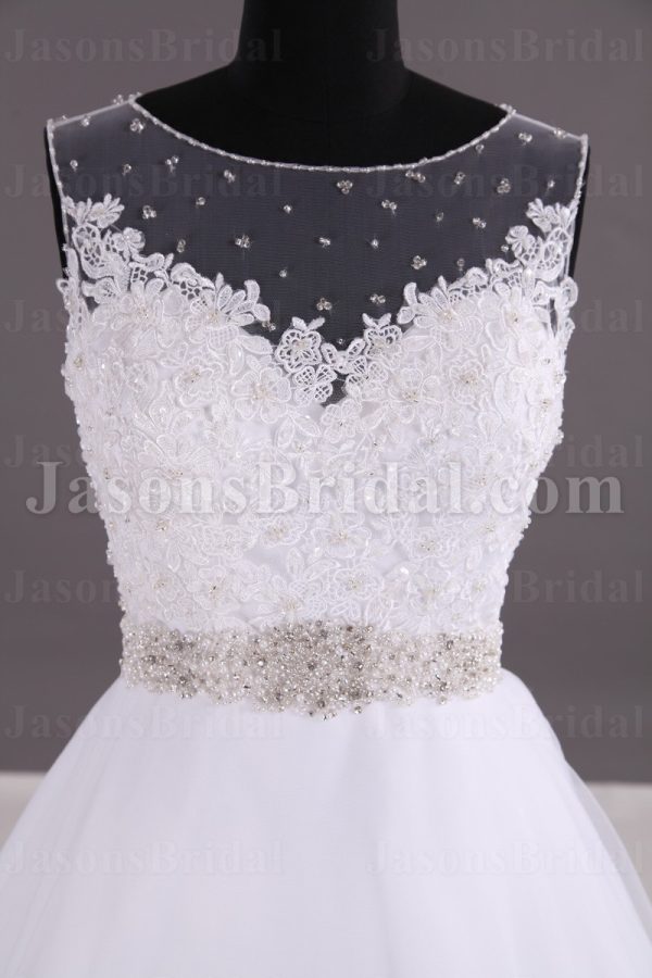 Ball Gown Sleeveless Sheer Bateau Neckline Allover Lace Bodice Jeweled Waist Chapel Train Lace Tulle Wedding Dresses