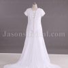 Modest A-line Short Sleeves Scoop Neckline Beaded Embroidered Ruched Cross Belts Sweep Train Chiffon Wedding Dresses