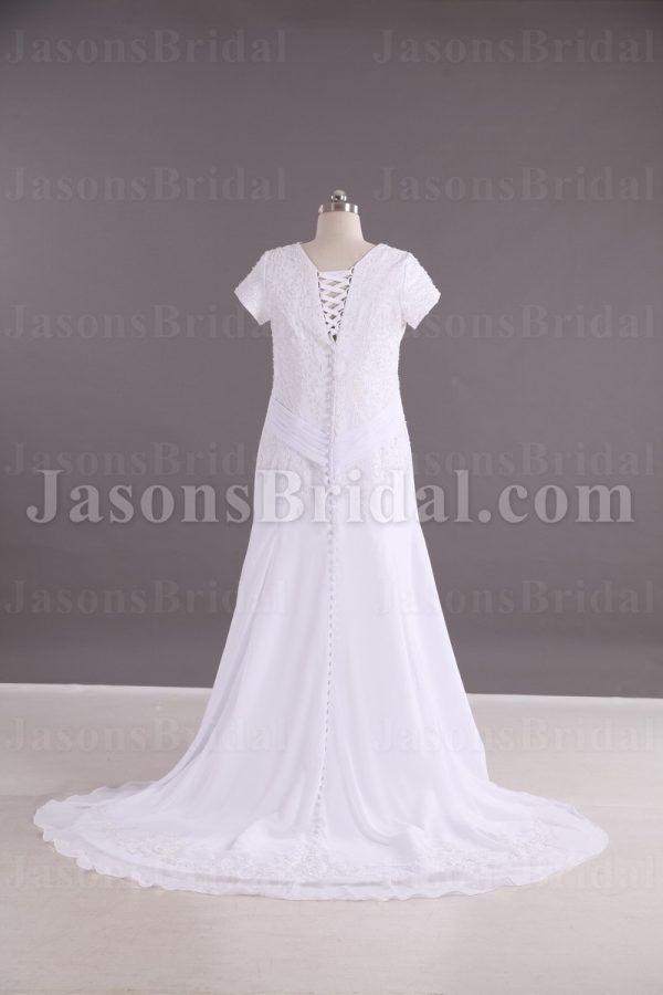 Modest A-line Short Sleeves Scoop Neckline Beaded Embroidered Ruched Cross Belts Sweep Train Chiffon Wedding Dresses