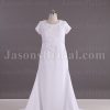 Modest A-line Short Sleeves Scoop Neckline Beaded Embroidered Ruched Cross Belts Sweep Train Chiffon Wedding Dresses