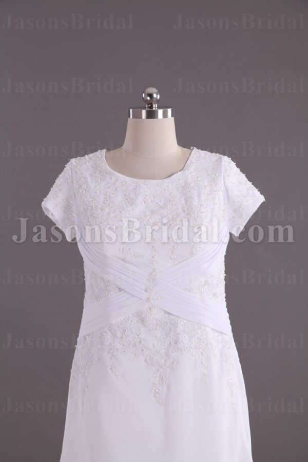 Modest A-line Short Sleeves Scoop Neckline Beaded Embroidered Ruched Cross Belts Sweep Train Chiffon Wedding Dresses