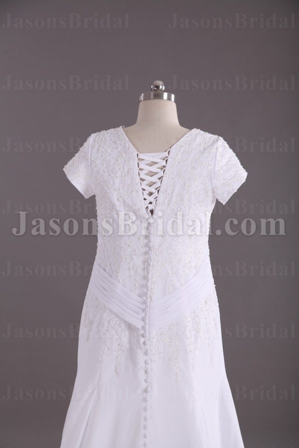 Modest A-line Short Sleeves Scoop Neckline Beaded Embroidered Ruched Cross Belts Sweep Train Chiffon Wedding Dresses
