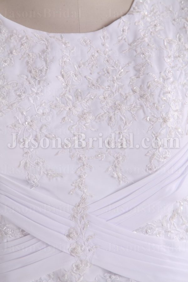 Modest A-line Short Sleeves Scoop Neckline Beaded Embroidered Ruched Cross Belts Sweep Train Chiffon Wedding Dresses