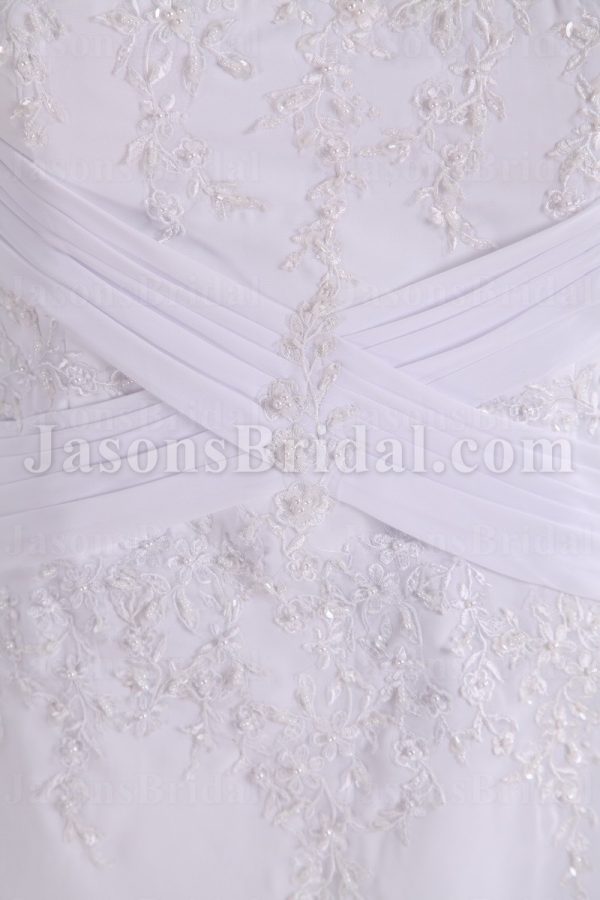 Modest A-line Short Sleeves Scoop Neckline Beaded Embroidered Ruched Cross Belts Sweep Train Chiffon Wedding Dresses