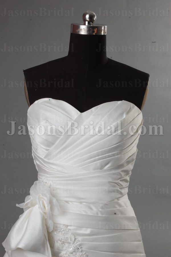 Fit-and-Flare Sweetheart Ruched Asymmetrical Pleated Adorned Flowers Beaded Appliques Side Draped Sweep Train Bubble Hem Satin Wedding Dresses
