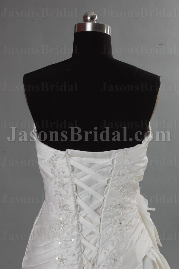 Fit-and-Flare Sweetheart Ruched Asymmetrical Pleated Adorned Flowers Beaded Appliques Side Draped Sweep Train Bubble Hem Satin Wedding Dresses