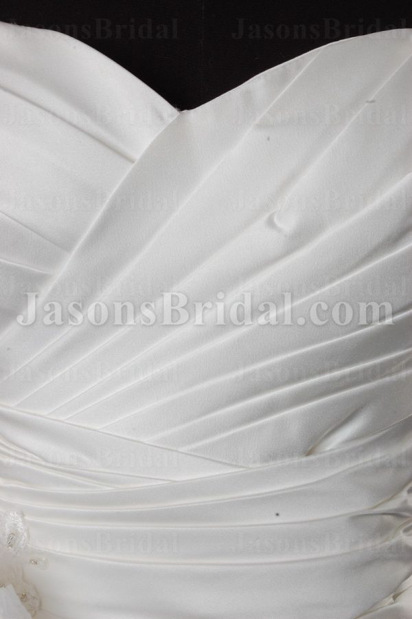 Fit-and-Flare Sweetheart Ruched Asymmetrical Pleated Adorned Flowers Beaded Appliques Side Draped Sweep Train Bubble Hem Satin Wedding Dresses