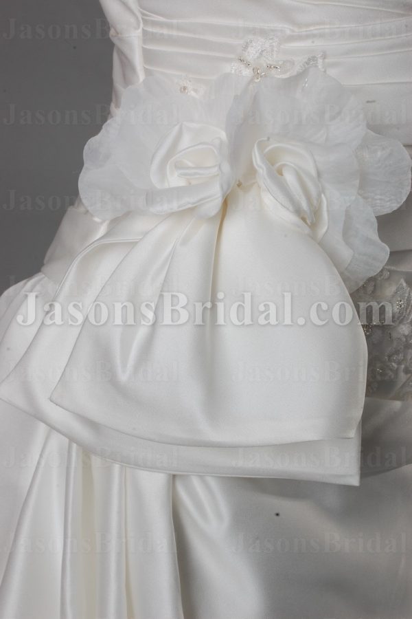Fit-and-Flare Sweetheart Ruched Asymmetrical Pleated Adorned Flowers Beaded Appliques Side Draped Sweep Train Bubble Hem Satin Wedding Dresses