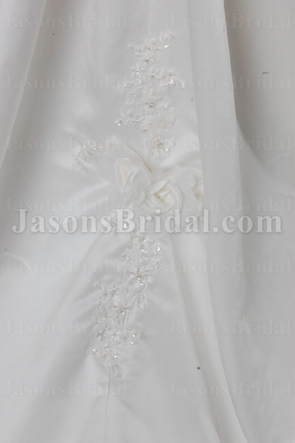 Fit-and-Flare Sweetheart Ruched Asymmetrical Pleated Adorned Flowers Beaded Appliques Side Draped Sweep Train Bubble Hem Satin Wedding Dresses