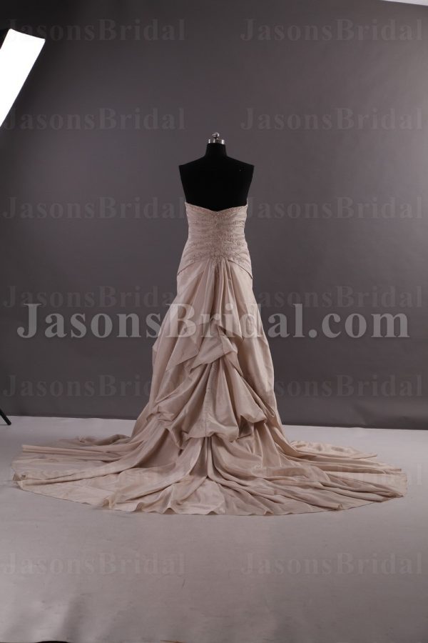 Fit-and-Flare Sweetheart Beaded Embroidered Ruched Side Draped Sweep Train Bustled Taffeta Wedding Dresses
