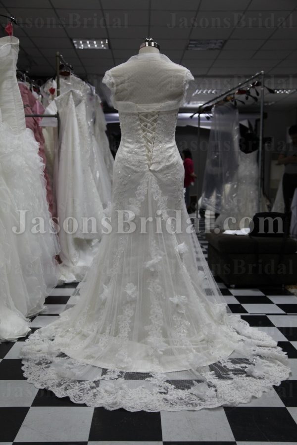 Trumpet Sweetheart Beaded Appliques Adorned Flowers Sweep Train Lace over Satin Wedding Dresses with Bolero