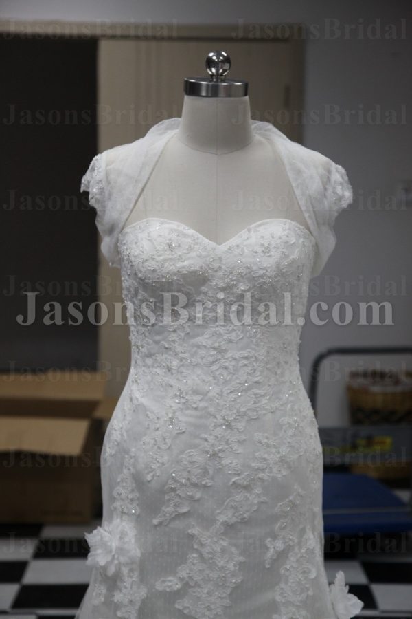 Trumpet Sweetheart Beaded Appliques Adorned Flowers Sweep Train Lace over Satin Wedding Dresses with Bolero
