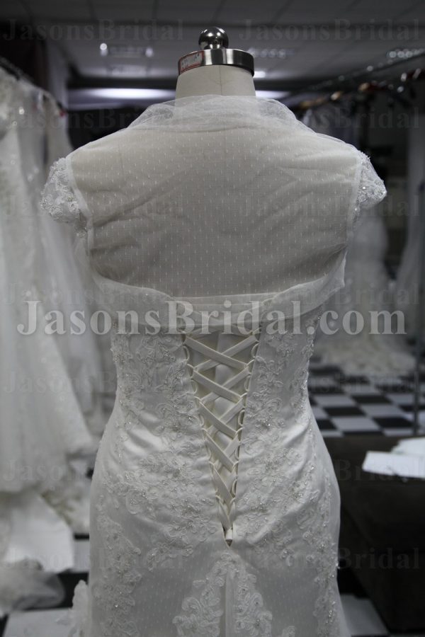 Trumpet Sweetheart Beaded Appliques Adorned Flowers Sweep Train Lace over Satin Wedding Dresses with Bolero