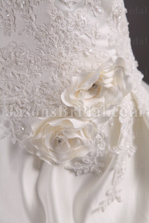 Ball Gown Sweetheart Beaded Appliques Adorned Flowers Pick-up Floor Length Satin Wedding Dresses