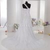 Fit-and-Flare Appliqued One-shoulder Sweetheart Asymmetrical Ruched Beaded Draped Sweep Train Lace over Satin Wedding Dresses
