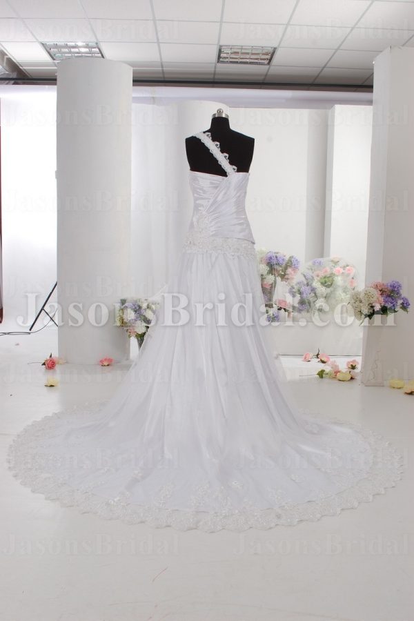 Fit-and-Flare Appliqued One-shoulder Sweetheart Asymmetrical Ruched Beaded Draped Sweep Train Lace over Satin Wedding Dresses