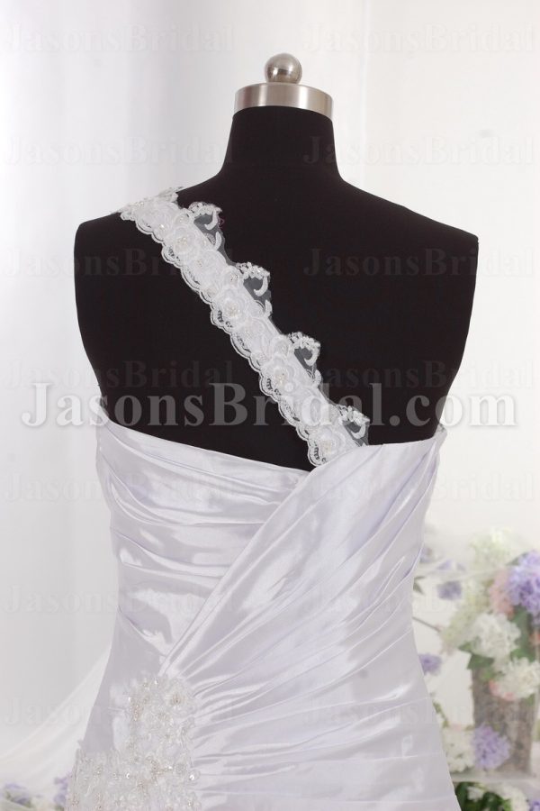 Fit-and-Flare Appliqued One-shoulder Sweetheart Asymmetrical Ruched Beaded Draped Sweep Train Lace over Satin Wedding Dresses