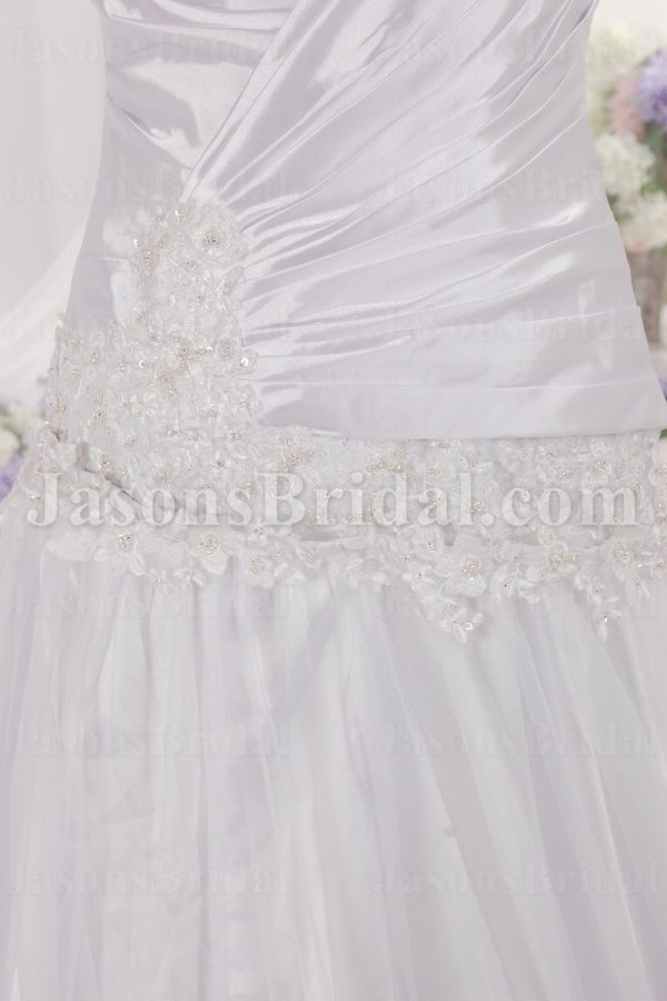 Fit-and-Flare Appliqued One-shoulder Sweetheart Asymmetrical Ruched Beaded Draped Sweep Train Lace over Satin Wedding Dresses