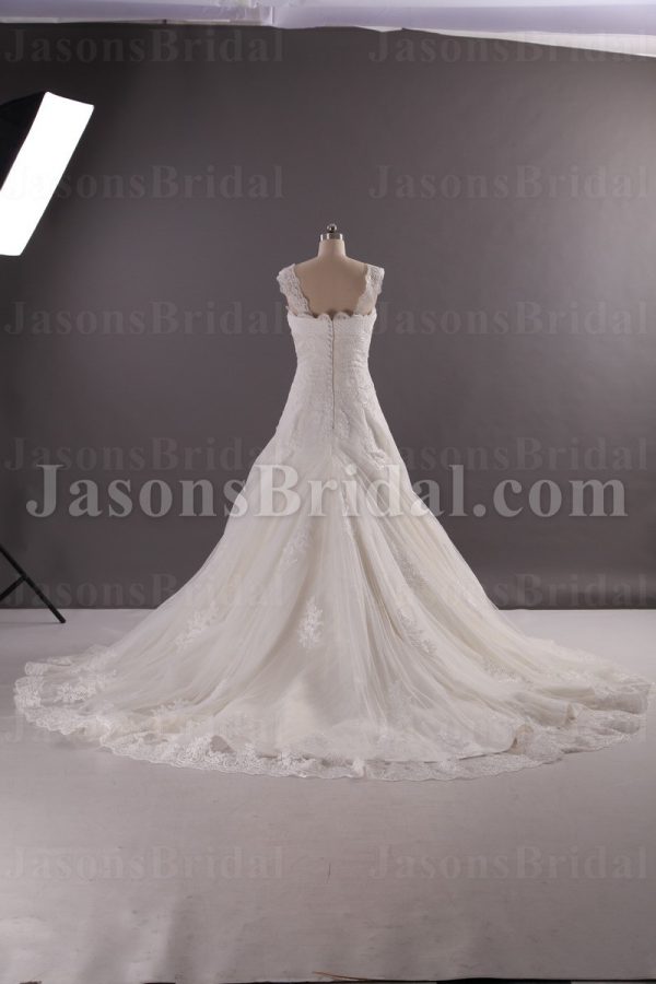 Fit-and-Flare Cap Sleeves Allover Appliques Chapel Train Tulle Lace over Satin Wedding Dresses