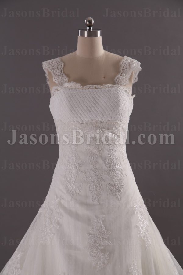 Fit-and-Flare Cap Sleeves Allover Appliques Chapel Train Tulle Lace over Satin Wedding Dresses