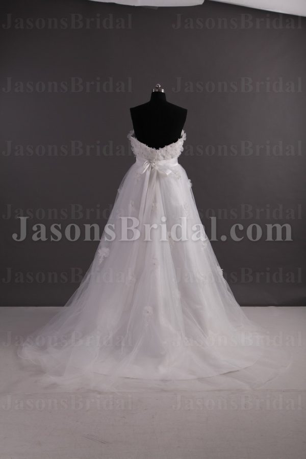 Empire A-line Sweetheart Beaded Adorned Flowers Ribbon Sweep Train Tulle over Satin Wedding Dresses