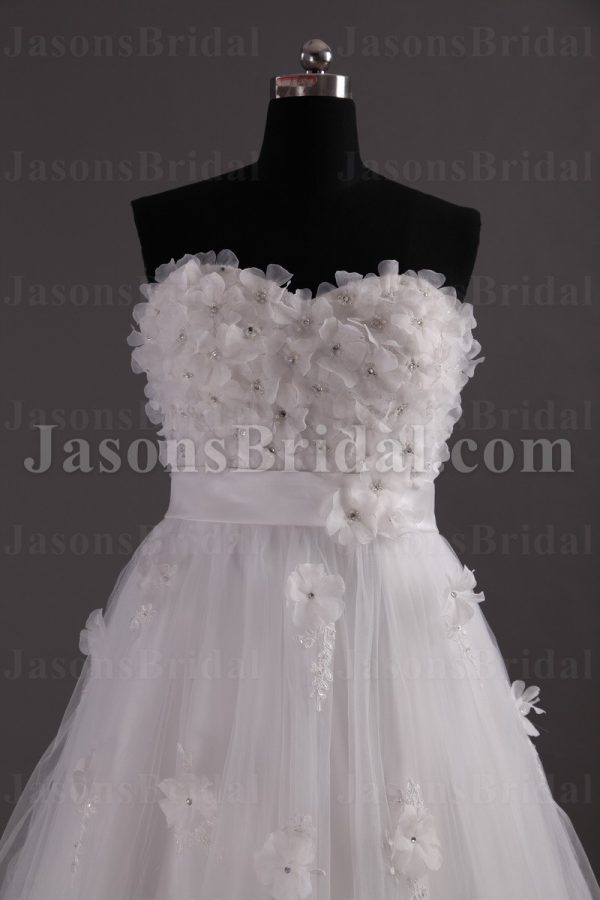 Empire A-line Sweetheart Beaded Adorned Flowers Ribbon Sweep Train Tulle over Satin Wedding Dresses