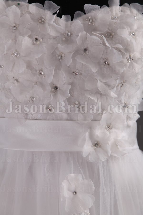 Empire A-line Sweetheart Beaded Adorned Flowers Ribbon Sweep Train Tulle over Satin Wedding Dresses