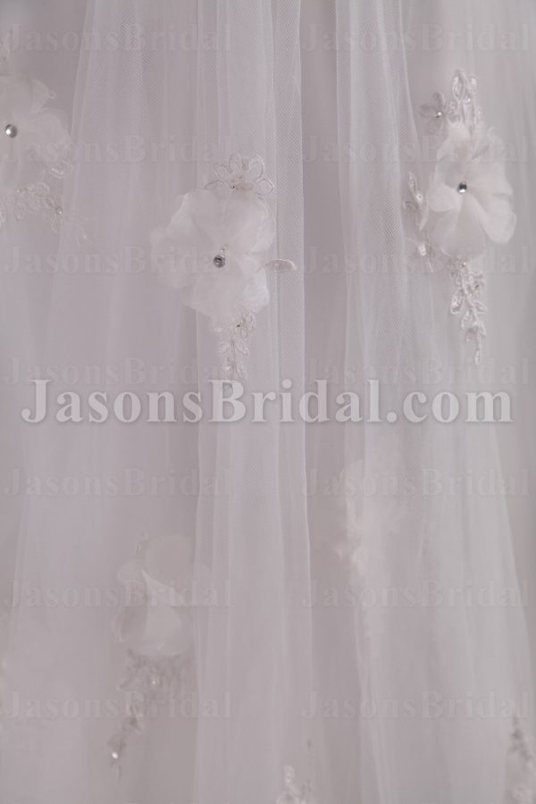 Empire A-line Sweetheart Beaded Adorned Flowers Ribbon Sweep Train Tulle over Satin Wedding Dresses
