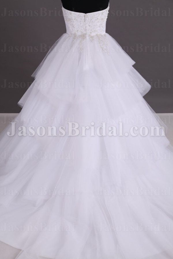 Stunning Ball Gown Sweetheart Embroidered Sweep Train Layered Tulle Satin Wedding Dresses