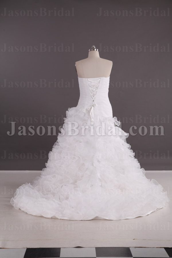 Fit-and-Flare Sweetheart Beaded Appliques Asymmetrical Ruched Sweep Train Ruffled Organza Wedding Dresses