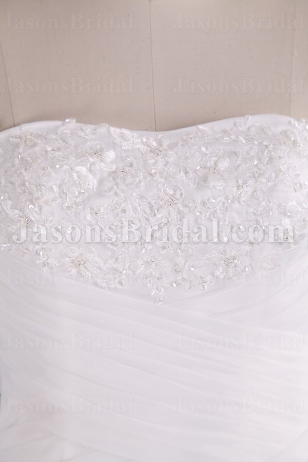Fit-and-Flare Sweetheart Beaded Appliques Asymmetrical Ruched Sweep Train Ruffled Organza Wedding Dresses