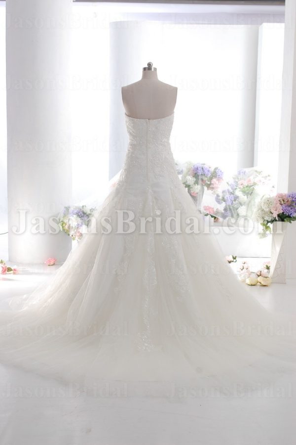 Fit-and-Flare Sweetheart Beaded Allover Appliques Sweep Train Tulle over Satin Wedding Dresses