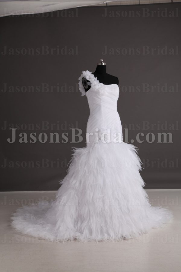Fit-and-Flare Floral One-shoulder Sweetheart Asymmetrical Ruched Sweep Train Ruffled Tulle Wedding Dresses