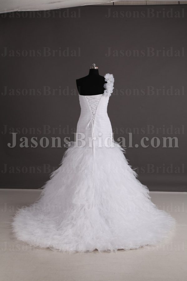 Fit-and-Flare Floral One-shoulder Sweetheart Asymmetrical Ruched Sweep Train Ruffled Tulle Wedding Dresses