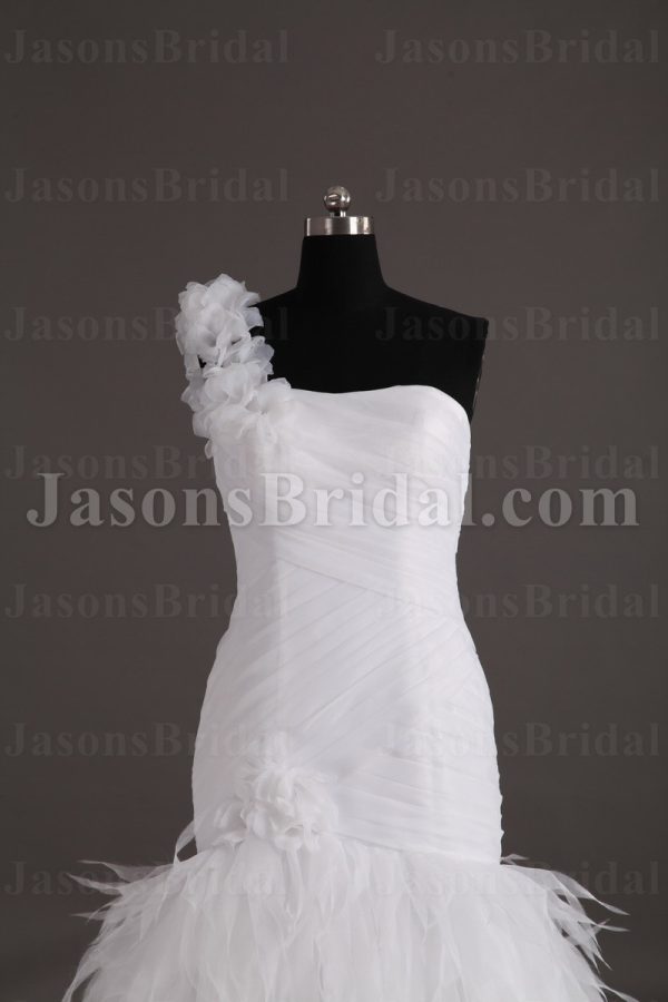 Fit-and-Flare Floral One-shoulder Sweetheart Asymmetrical Ruched Sweep Train Ruffled Tulle Wedding Dresses