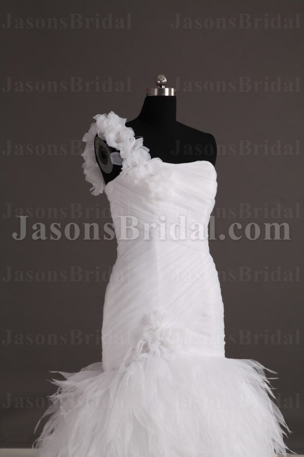 Fit-and-Flare Floral One-shoulder Sweetheart Asymmetrical Ruched Sweep Train Ruffled Tulle Wedding Dresses
