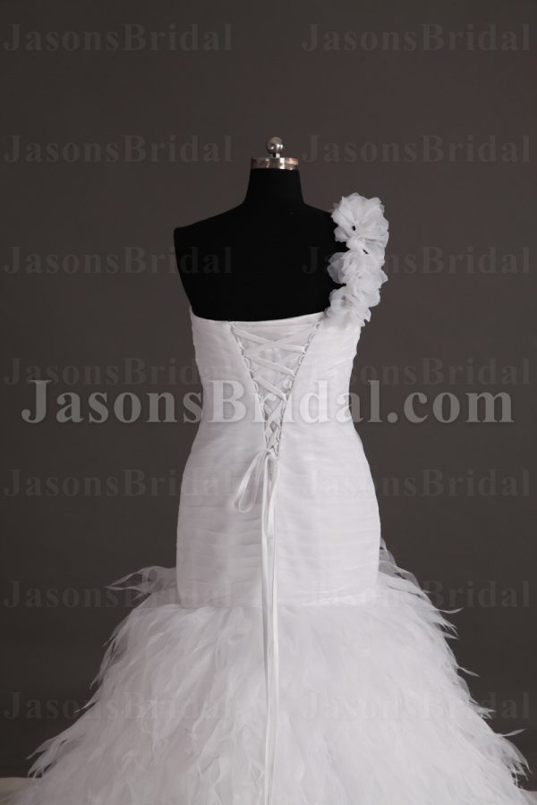 Fit-and-Flare Floral One-shoulder Sweetheart Asymmetrical Ruched Sweep Train Ruffled Tulle Wedding Dresses