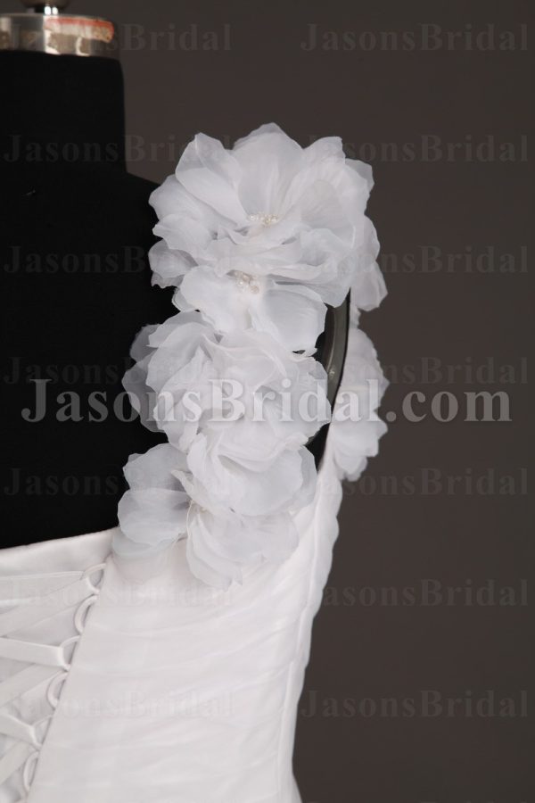 Fit-and-Flare Floral One-shoulder Sweetheart Asymmetrical Ruched Sweep Train Ruffled Tulle Wedding Dresses