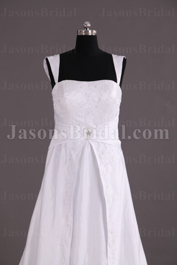 Princess A-line Cap Sleeve Sweetheart Beaded Embroidered Jeweled Ruched Waistband Front Slit Chapel Train Satin Wedding Dresses