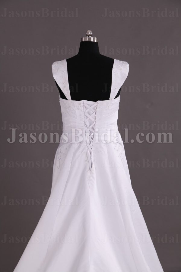 Princess A-line Cap Sleeve Sweetheart Beaded Embroidered Jeweled Ruched Waistband Front Slit Chapel Train Satin Wedding Dresses