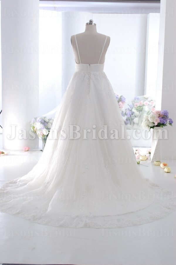 A-line Spaghetti Sweetheart Beaded Appliques Ruched Belt Adorned Flower Sweep Train Tulle Lace over Satin Wedding Dresses