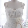 A-line Spaghetti Sweetheart Beaded Appliques Ruched Belt Adorned Flower Sweep Train Tulle Lace over Satin Wedding Dresses