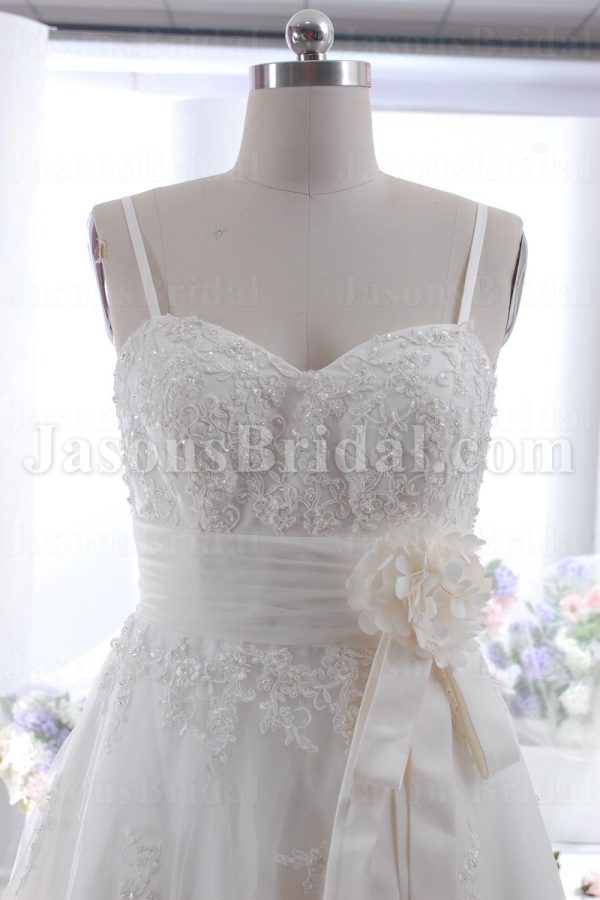 A-line Spaghetti Sweetheart Beaded Appliques Ruched Belt Adorned Flower Sweep Train Tulle Lace over Satin Wedding Dresses