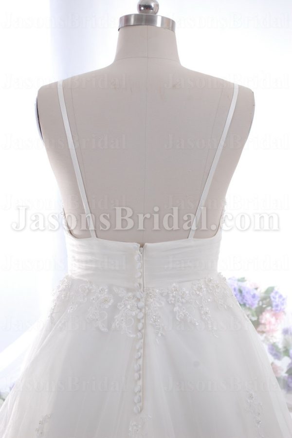 A-line Spaghetti Sweetheart Beaded Appliques Ruched Belt Adorned Flower Sweep Train Tulle Lace over Satin Wedding Dresses